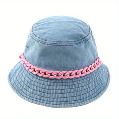 Y2K Denim Bucket Hat Washed Packable Basin Hat Chain Decor Casual Sunscreen
