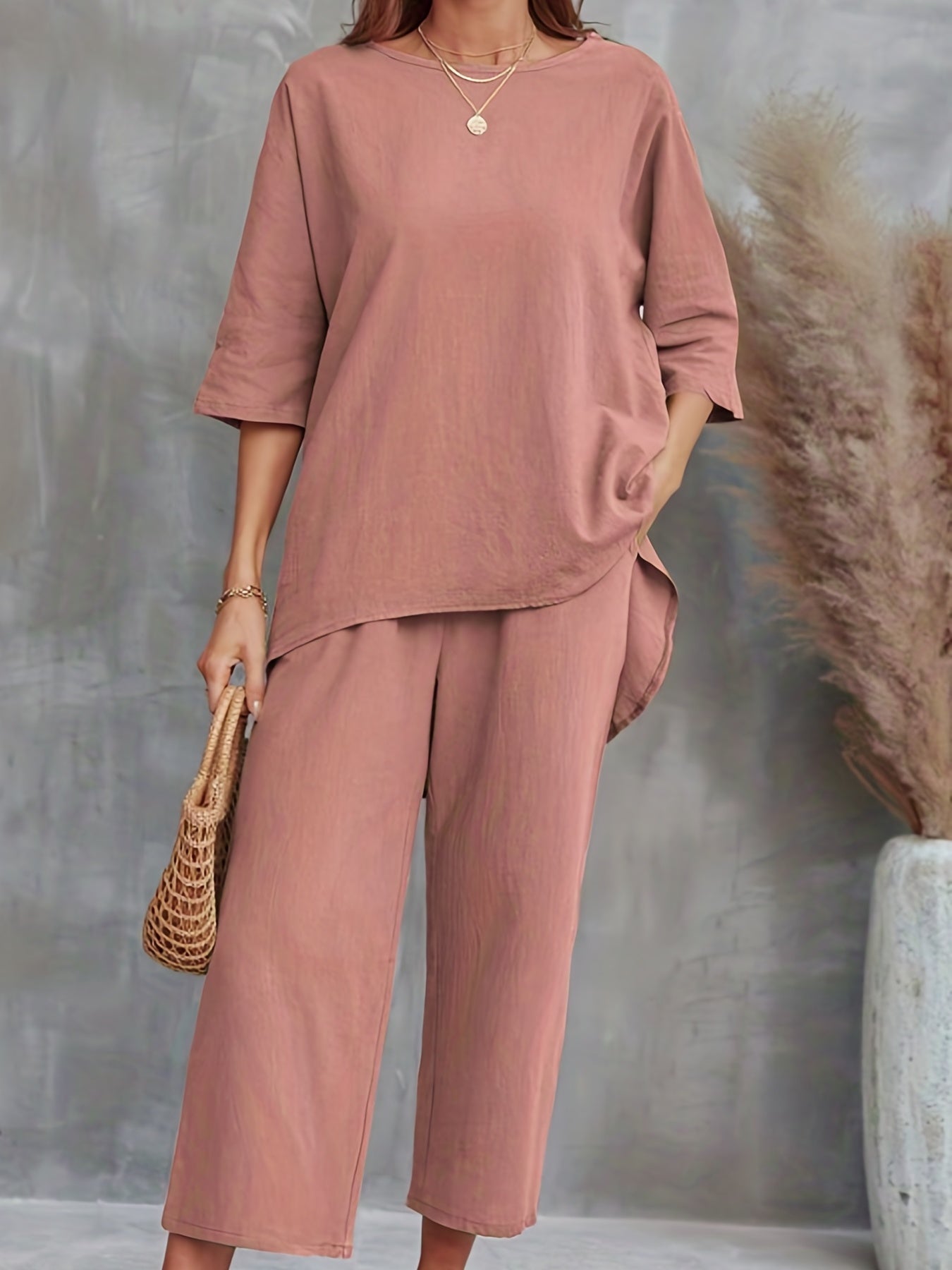 Casual Two piece Set Crew Neck 3 4 Sleeve Tops & Wide Leg Cropped Pants