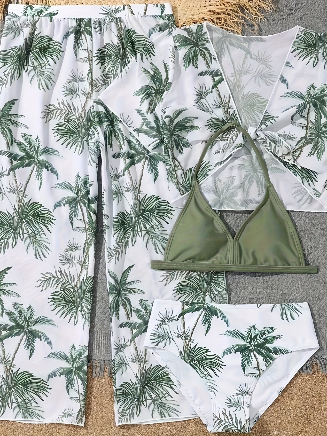 4pcs Coconut Tree Swimsuit Set for Girls - Comfy Bathing Suit