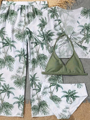 4pcs Coconut Tree Swimsuit Set for Girls - Comfy Bathing Suit