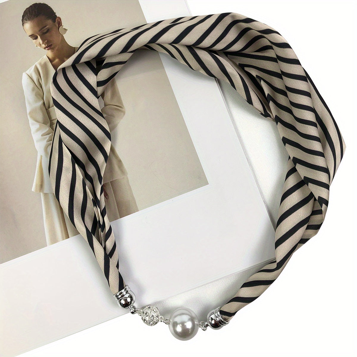 Silk Horse Print Infinity Scarf with Faux Pearl Magnetic Buckle