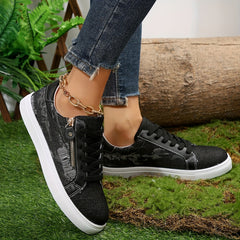 Women's Denim Flat Sneakers Lace Up & Zipper Low Top Shoes
