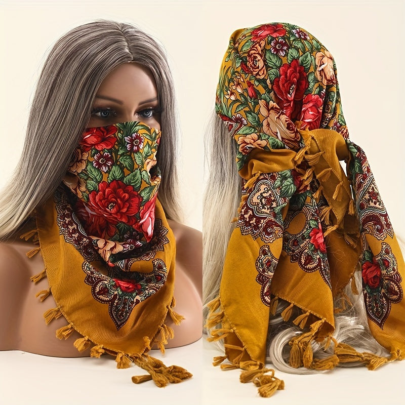 Vintage Print Square Scarf 27.5 Fringed Headband Sunscreen Warm Shawl
