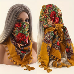 Vintage Print Square Scarf 27.5 Fringed Headband Sunscreen Warm Shawl