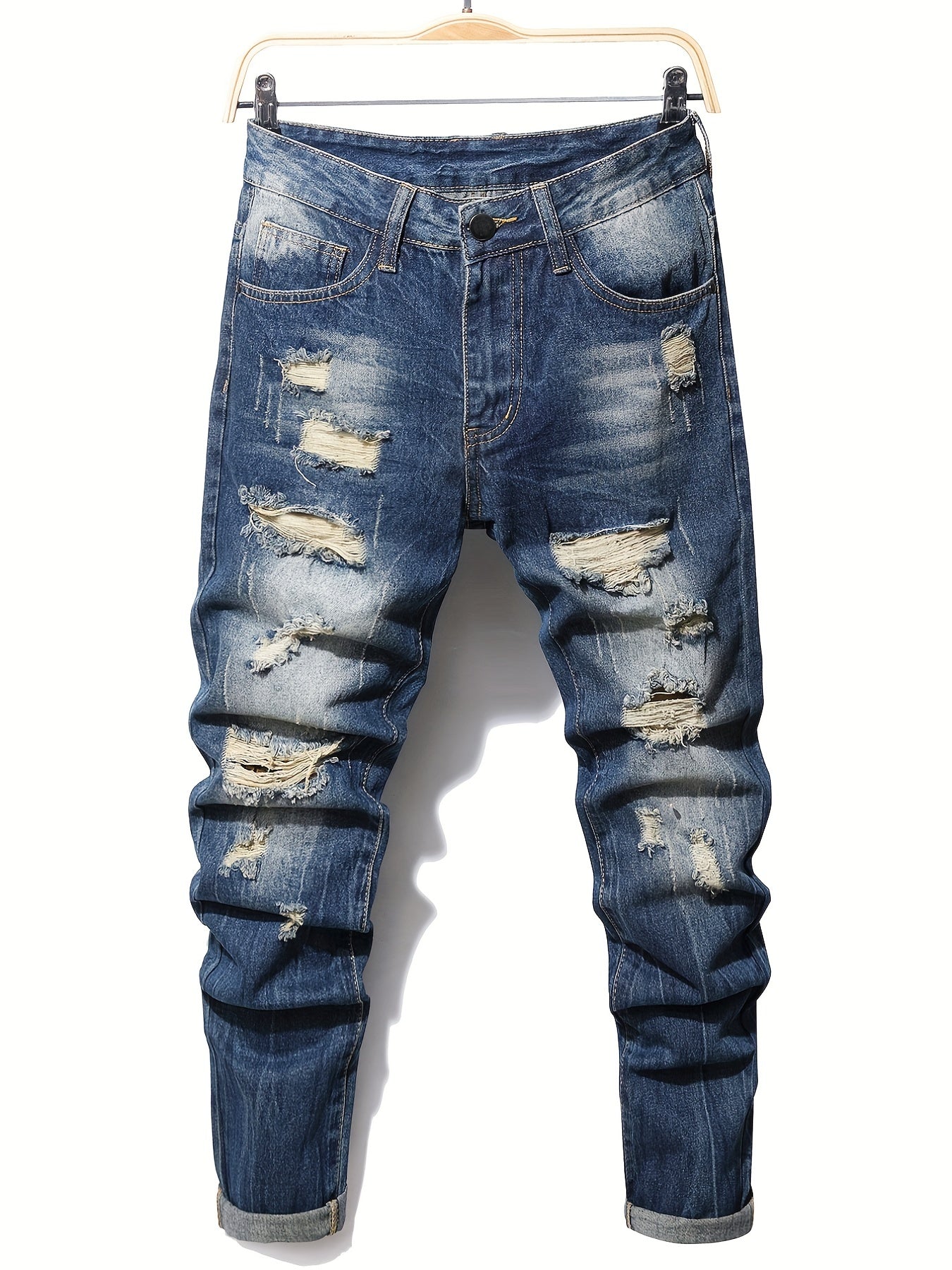 Men's Slim Fit Ripped Vintage Jeans Casual Street Style Distressed Denim Pants