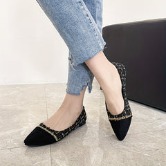 Women's Cap Toe Flat Shoes Chain Pointed Toe Tweed Ballet Flats