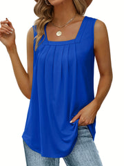 Pleated Square Neck Tank Top - Sleeveless Summer Casual