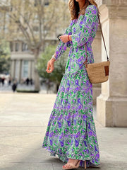 Paisley Print V Neck Dress Boho Long Sleeve High Waist Pleated Maxi Dress