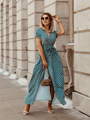 Polka Dot Split Ankle Dress V Neck Short Sleeve Casual Dress