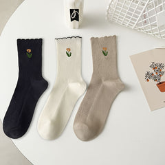 5 Pairs Floral Print Socks with Scallop Trim for Women