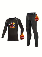 2pcs Kids Compression Fleece Sets Cartoon Pattern Crew Neck Pullover