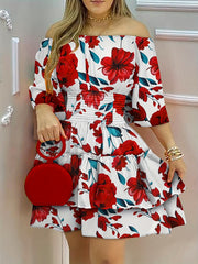 Floral Print Off Shoulder Dress Vacation Layered Dress