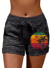 Coconut Tree & Sun Print Drawstring Shorts Spring & Summer Casual Shorts
