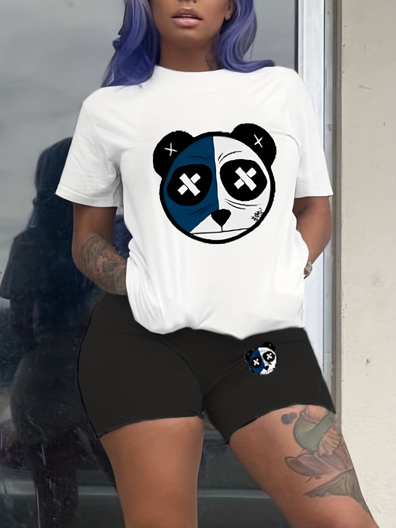 Cartoon Bear Print Two piece Set Short Sleeve Tops & Workout Shorts