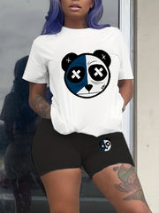 Cartoon Bear Print Two piece Set Short Sleeve Tops & Workout Shorts