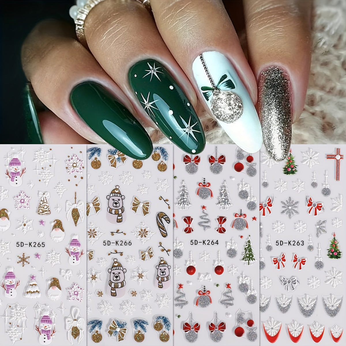 5D Embossed Christmas Nail Art Stickers Snowflake Snowman Nail Art Decals