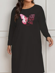 Casual Lounge Dress Women's Plus Butterfly Print Long Sleeve Round Nec