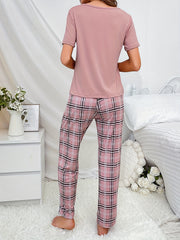 Plaid Print Pajama Set Short Sleeve Crew Neck Top & Elastic Waistband Pants