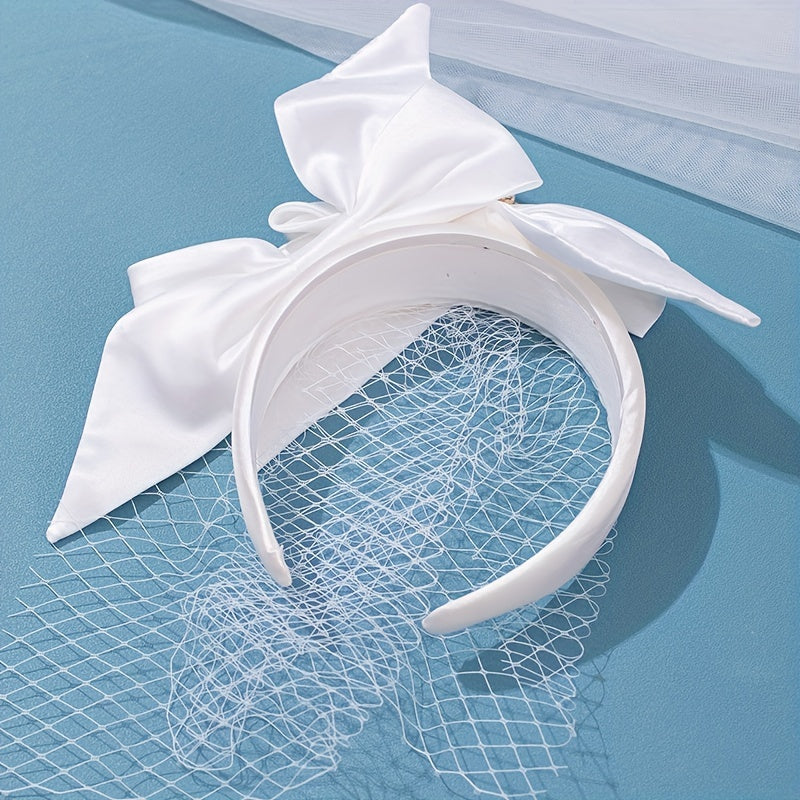 Vintage Ivory Mesh Bow Headband Wide Brim Women's Hair Accessories