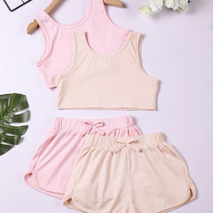 Girls Ribbed Knit Tank Crop Top & Bow Track Shorts Sport Set Kids Summer