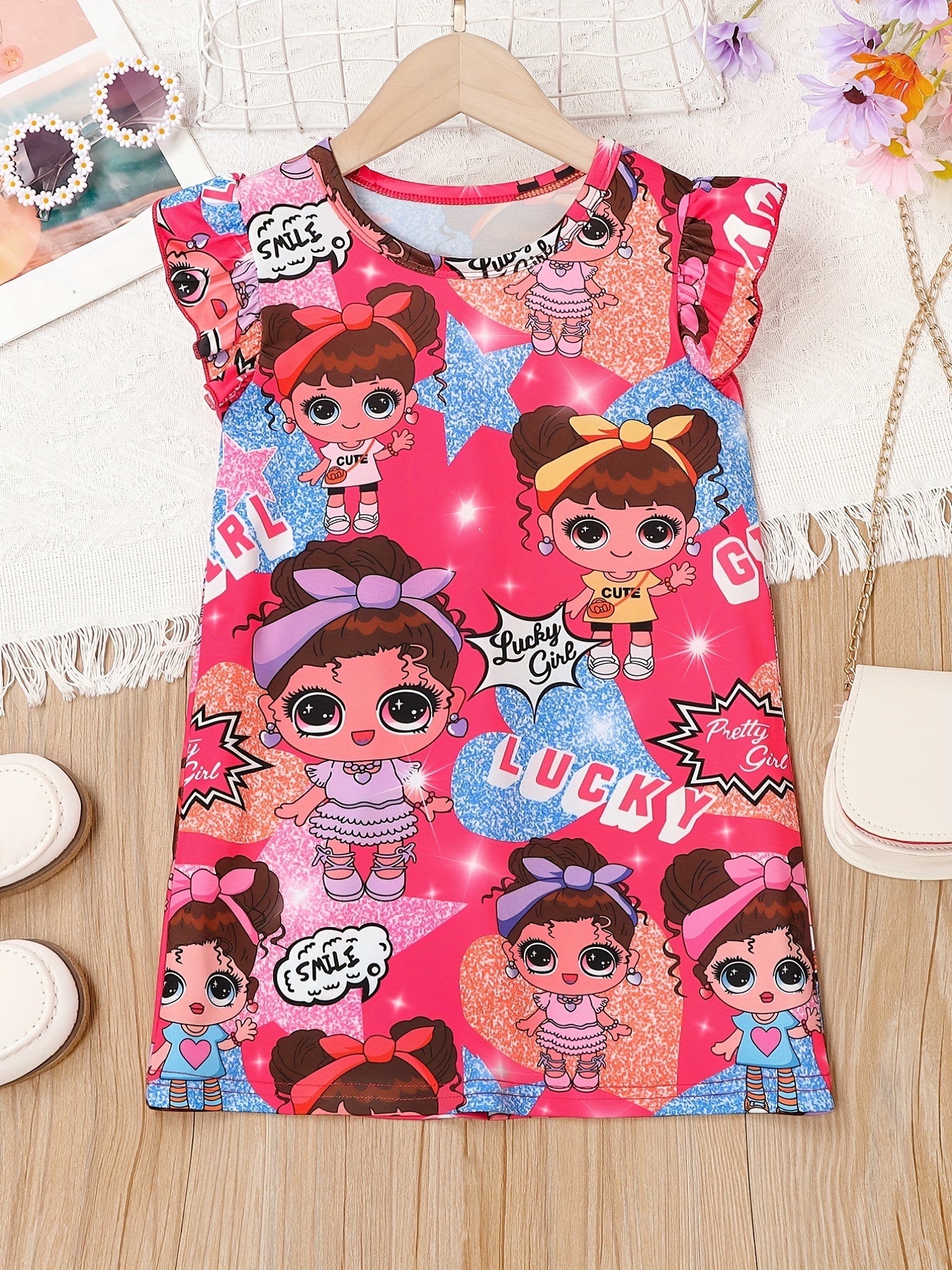 Girls Cartoon Stars Print T Shirt Dress For Pajamas Outfit