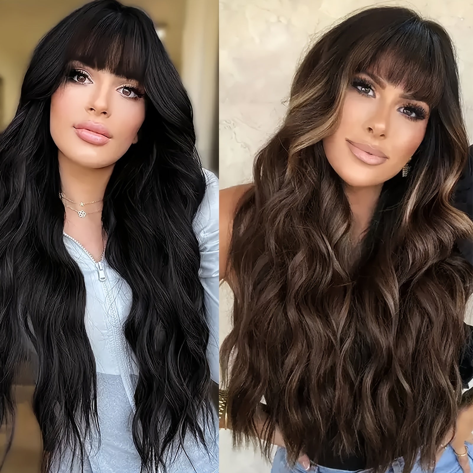 Brown Highlight Wig With Bangs Long Wavy Hair Wig Curly Synthetic Wigs