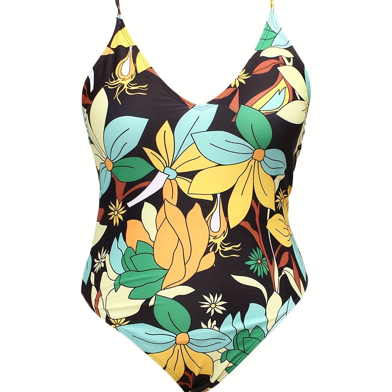 Floral Print High Leg V-Neck One Piece Swimsuit Plus Size