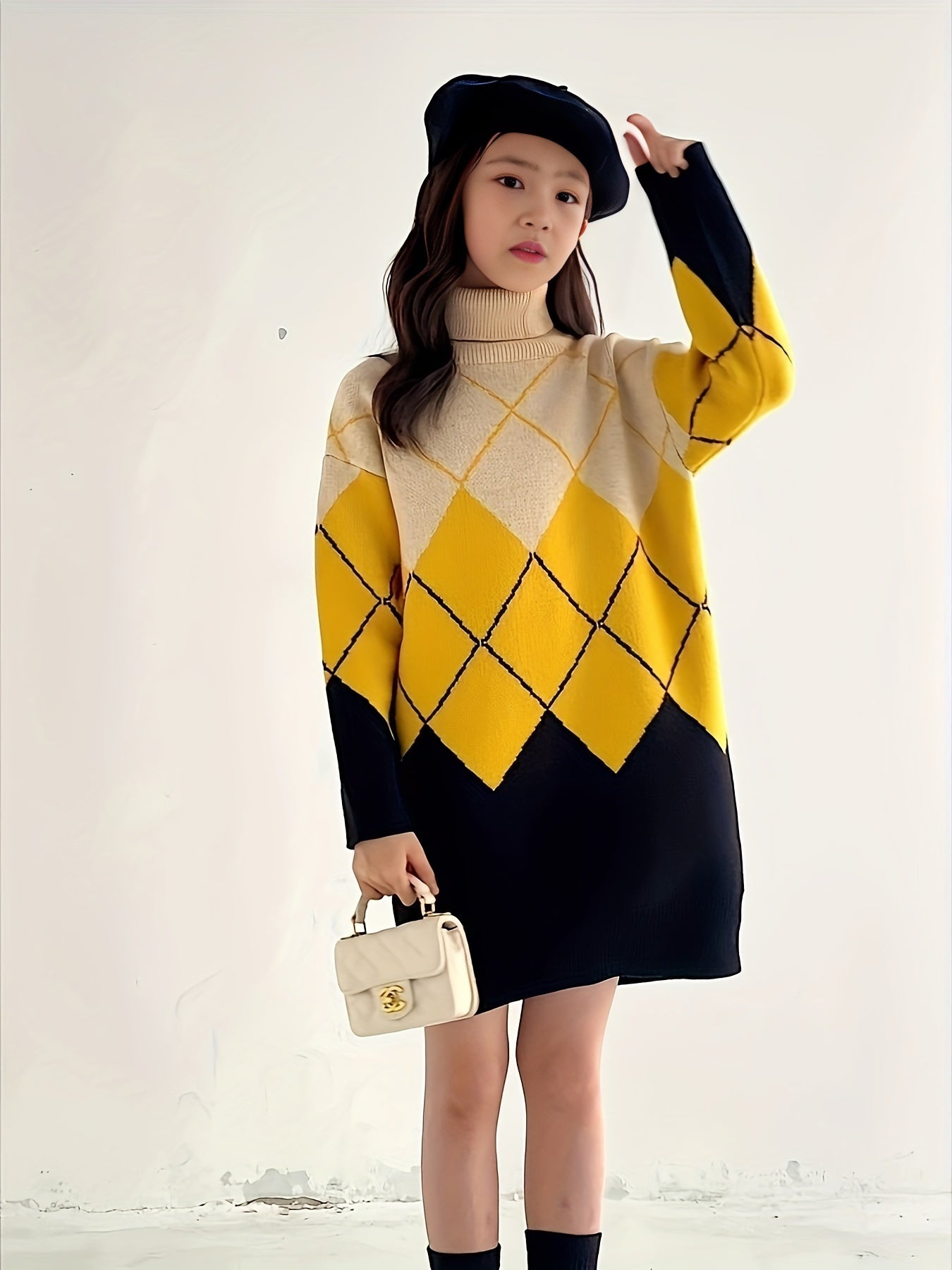 Girls 95 Cotton Diamond Pattern Long Sleeve Knitwear Kids Clothes Gift