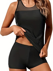 Mesh Beach Tankini Set High Stretch Boxer Short Bottom Swimsuit