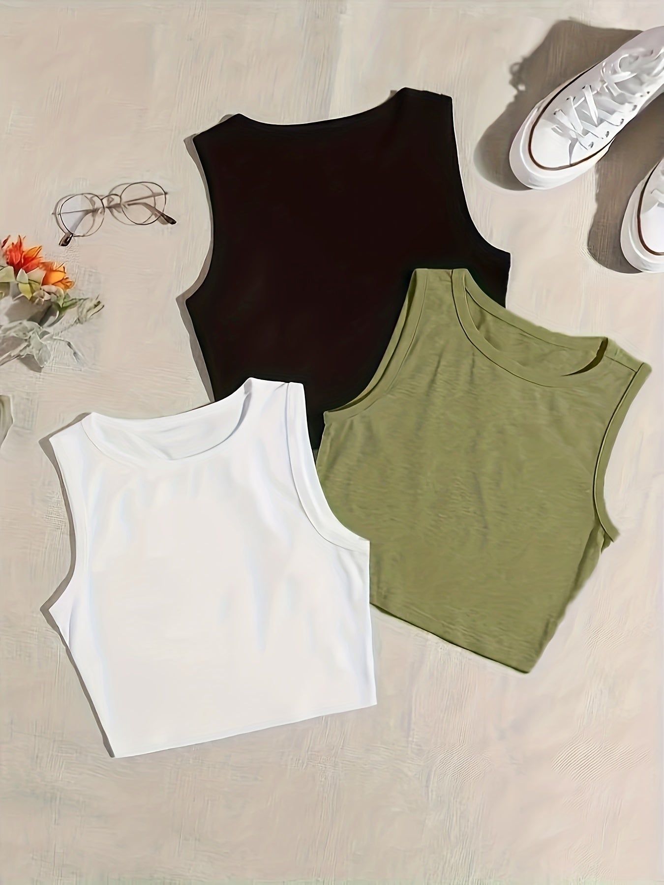 3-Pack Plus Size Basic Pajama Top Set Women's Plus Solid Round Neck Plain Crop
