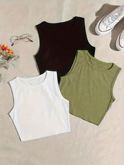 3-Pack Plus Size Basic Pajama Top Set Women's Plus Solid Round Neck Plain Crop