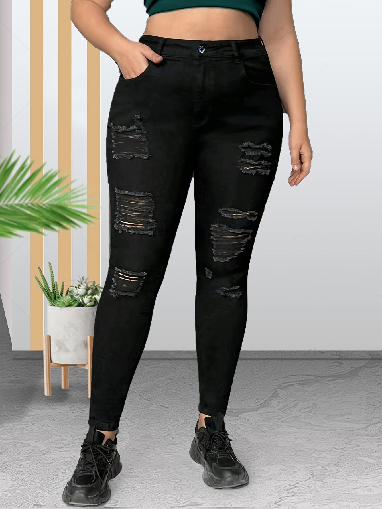 Solid Ripped High Rise Skinny Jeans