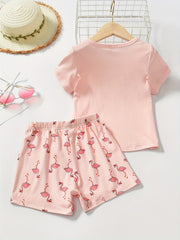 2pcs Toddler Girls Flamingo T shirt & Shorts Set Loungewear Pajamas Suit