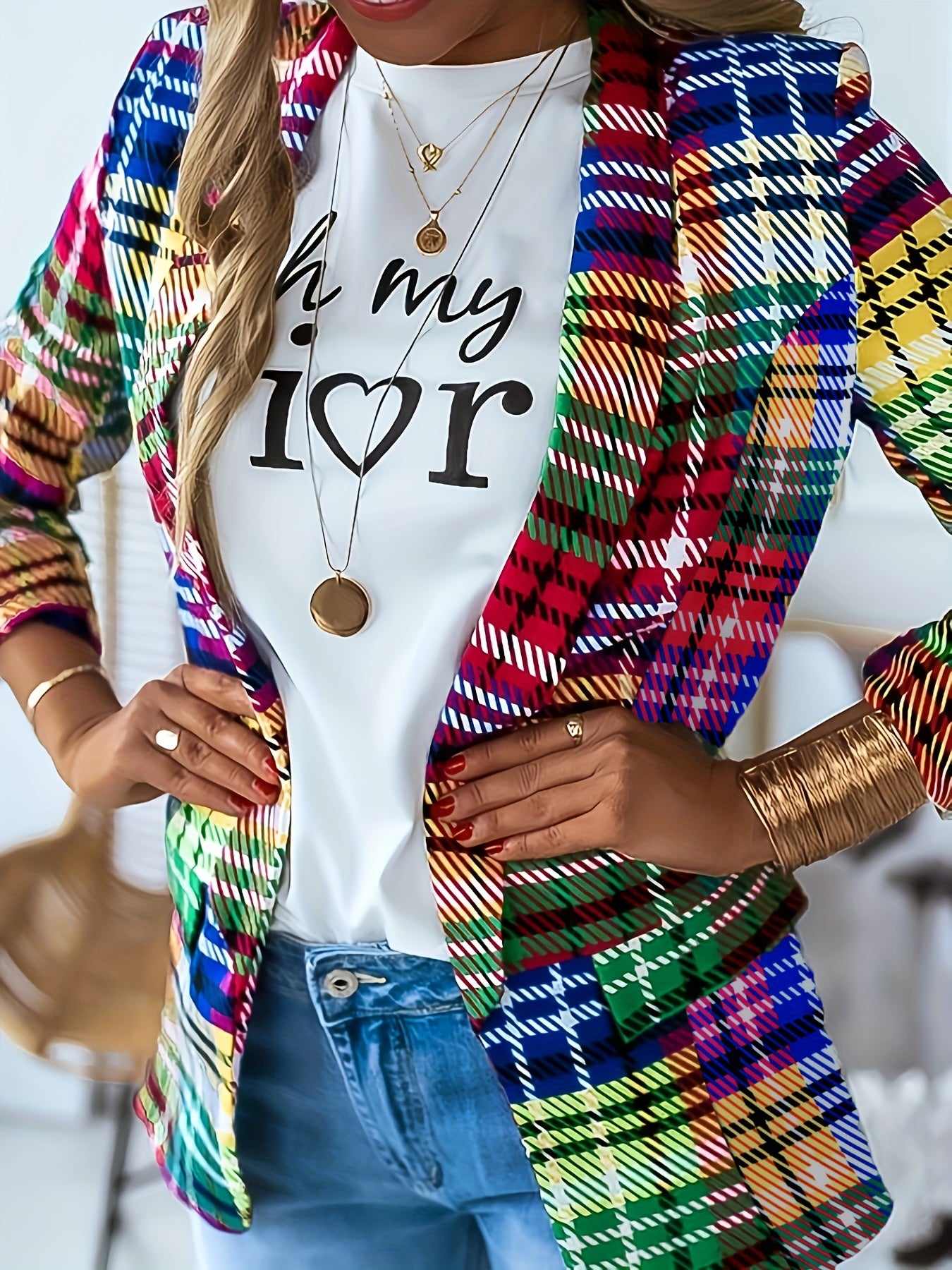 Casual Plaid Colorful Lapel Blazer Spring & Fall Women's Clothing