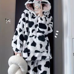 Cow Spot Fuzzy Pajama Set with Hood & Pants