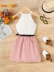 3pcs Girls Cami Top & Skirt Set with Waist Bag