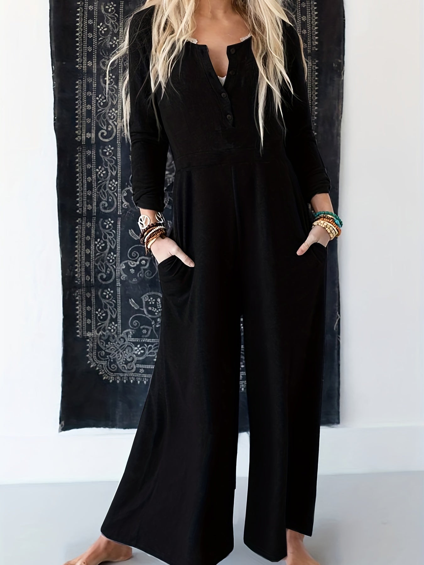Button Up Long Sleeve Round Neck Wide Leg Jumpsuit