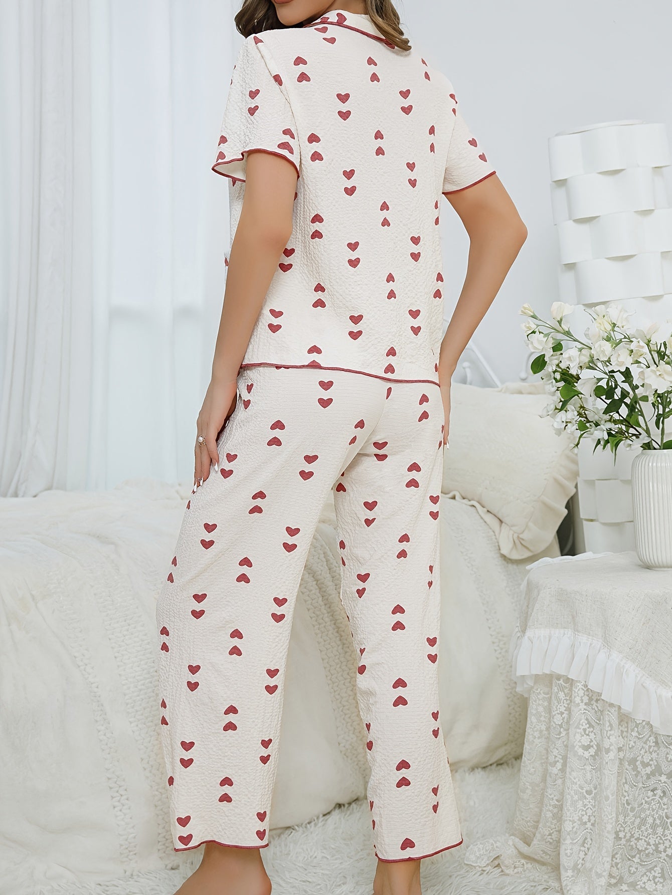 Heart Print Pajama Set Short Sleeve Top & Pants Women's Sleepwear