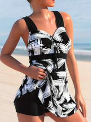 Casual Tankini Set Women's Plus Print Criss Cross Back Ruched T
