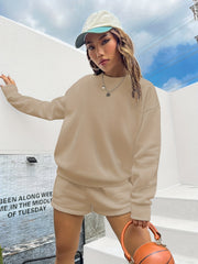 Letter Print Pullover Sweater & Solid Shorts Set