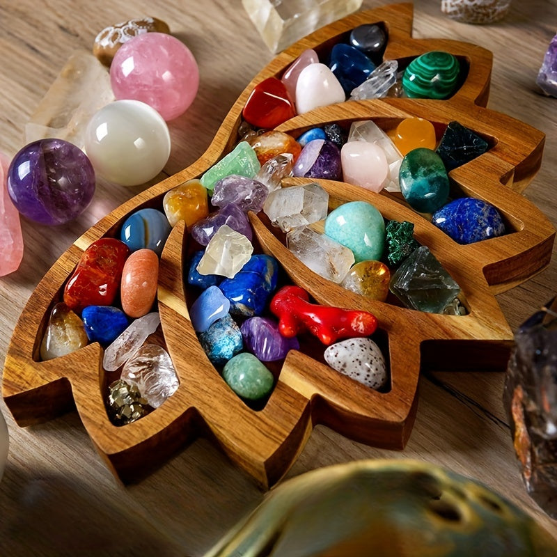 Lotus Shaped Wooden Tray for Crystals Display and Storage