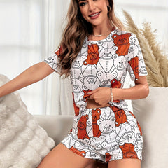 Bear Print Pajama Set Short Sleeve Crew Neck Top & Shorts