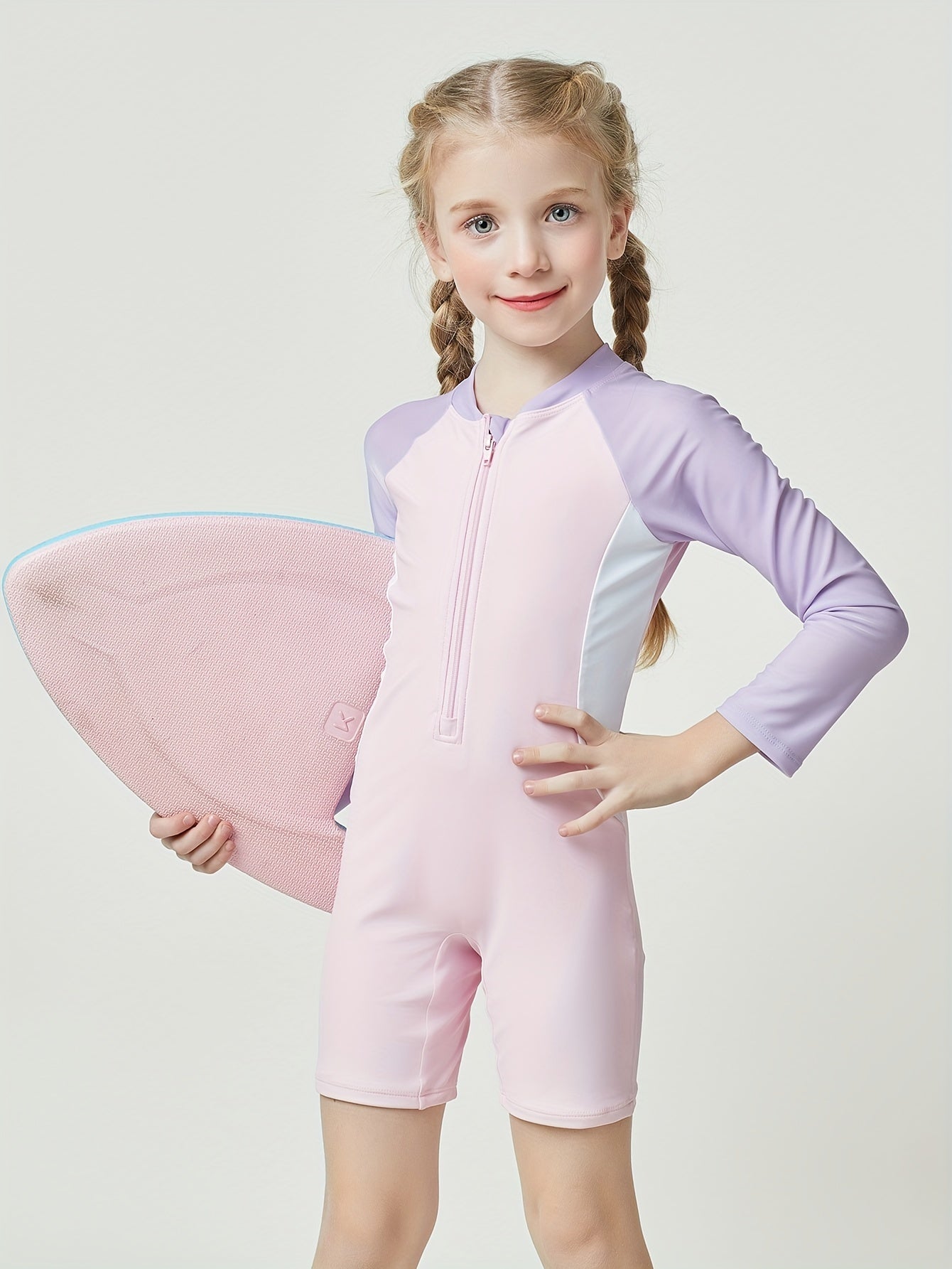Comfy Stretchy Splicing Long Sleeve Half Zip Swimwear For Girls