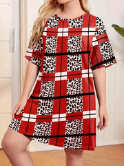 Leopard & Plaid Print Nightdress Short Sleeve Sleep Dress