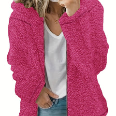Zip Front Hoodie Plush Coat Solid Long Sleeve Outwear Women's Clothing