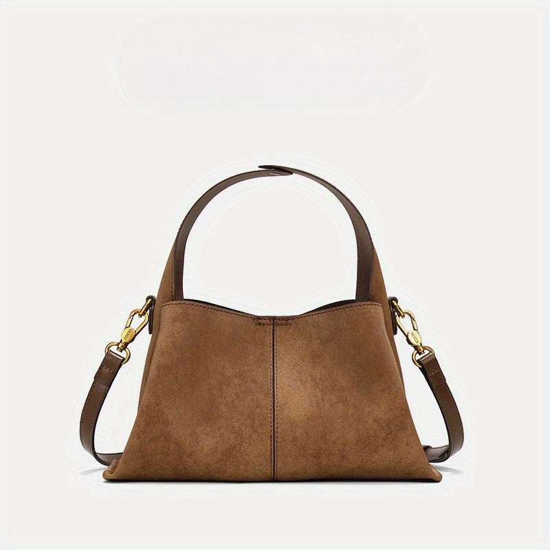 Dark Brown Split Leather Tote Bag with Magnetic Closure