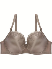 Bra Women's Plus Satin Contrast Lace Hook & Eye High Stretch Solid Bra