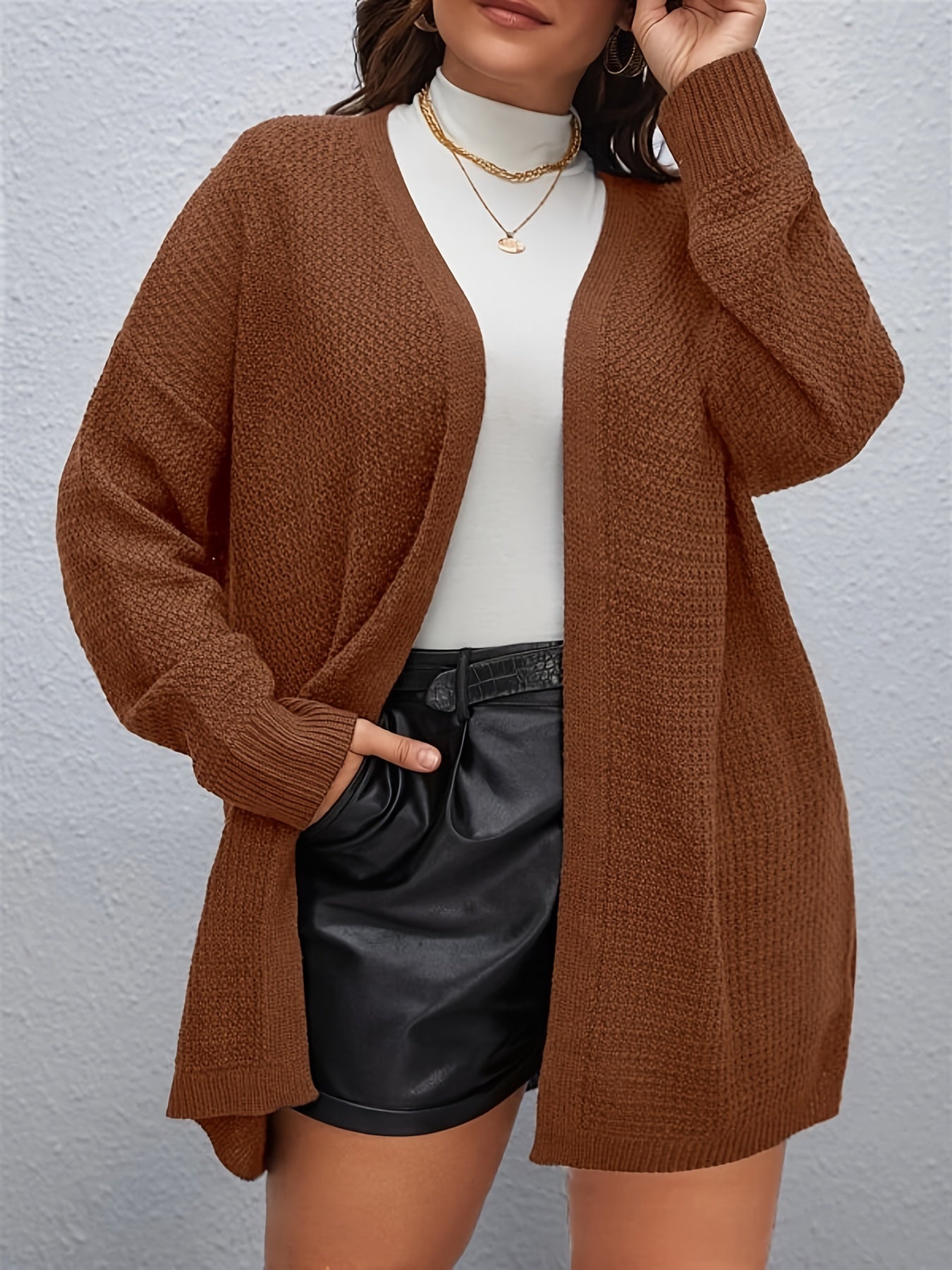 Solid Knit Long Cardigan Women's Plus High Stretch Casual Knitwear