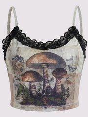 Mushroom Print Lace Cami Top Sexy Ribbed Spaghetti Strap Summer Top