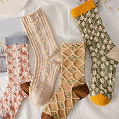 6 Pairs Textured Floral Socks Women's Mid Tube Stockings & Hosiery